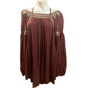 Free People Embroidered Burgundy Peasant Blouse criss cross back straps M